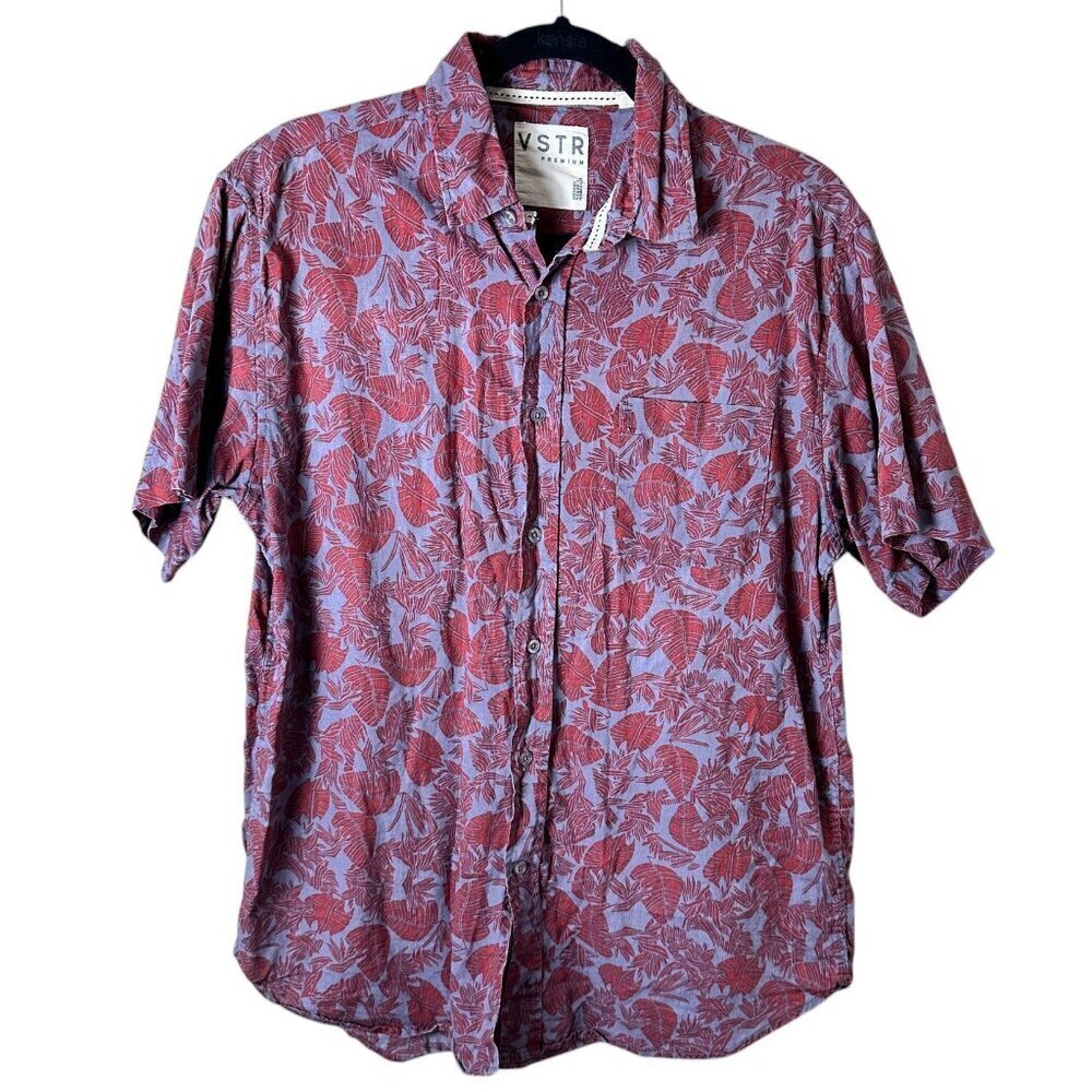 VSTR PREMIUM Linen Blend Short Sleeve Button Down Printed Shirt Size Large